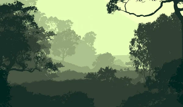 Illustrazione Alberi Nella Nebbia Foresta Profonda Foschia Colline Coperte Piante — Foto Stock