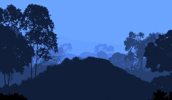 Illustrazione Alberi Nella Nebbia Foresta Profonda Foschia Colline Coperte Piante — Foto Stock