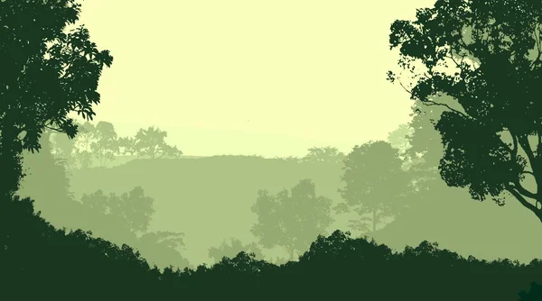 Illustrazione Alberi Nella Nebbia Foresta Profonda Foschia Colline Coperte Piante — Foto Stock