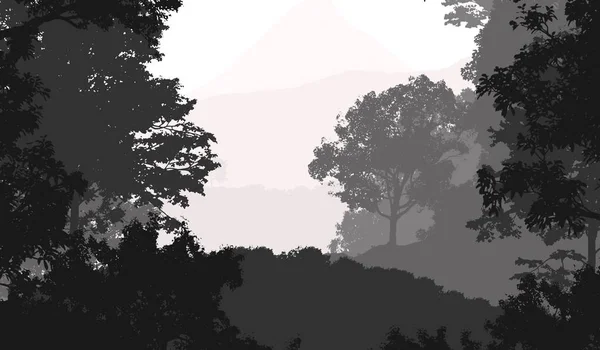 Illustrazione Alberi Nella Nebbia Foresta Profonda Foschia Colline Coperte Piante — Foto Stock