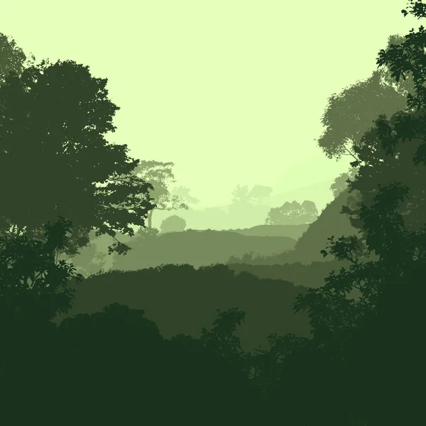 2d illustration. Trees in fog. Deep forest haze. Hills covered by plants and foliage. Shrubs and bushes. Deciduous wood.