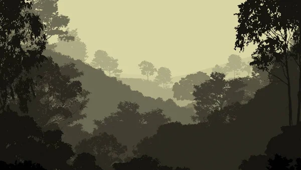 Illustration Des Arbres Dans Brouillard Brume Forêt Profonde Collines Couvertes — Photo