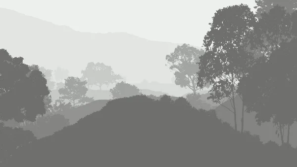 Ilustración Árboles Niebla Niebla Profunda Del Bosque Colinas Cubiertas Por — Foto de Stock