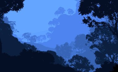 2d illüstrasyon. Sisteki ağaçlar. Derin orman sisi. Bitkiler ve yapraklarla kaplı tepeler. Çalılar ve çalılar. Yaprak döken ahşap. 