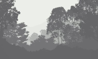 2d illüstrasyon. Sisteki ağaçlar. Derin orman sisi. Bitkiler ve yapraklarla kaplı tepeler. Çalılar ve çalılar. Yaprak döken ahşap. 