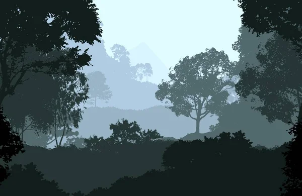 2d illustration. Trees in fog. Deep forest haze. Hills covered by plants and foliage. Shrubs and bushes. Deciduous wood.