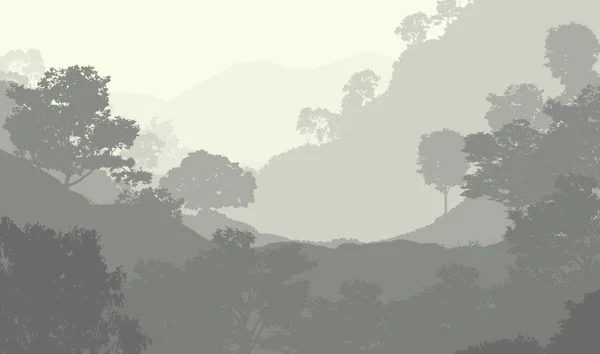 Illustrazione Alberi Nella Nebbia Foresta Profonda Foschia Colline Coperte Piante — Foto Stock