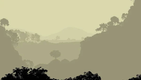 2d illustration. Trees in fog. Deep forest haze. Hills covered by plants and foliage. Shrubs and bushes. Deciduous wood.