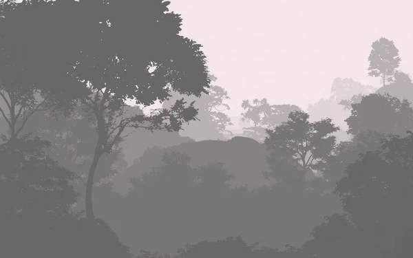 2d illustration. Trees in fog. Deep forest haze. Hills covered by plants and foliage. Shrubs and bushes. Deciduous wood.