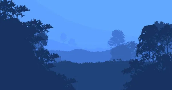 Illustrazione Alberi Nella Nebbia Foresta Profonda Foschia Colline Coperte Piante — Foto Stock