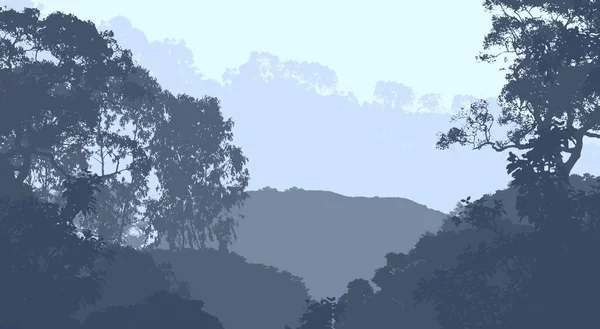 2d illustration. Trees in fog. Deep forest haze. Hills covered by plants and foliage. Shrubs and bushes. Deciduous wood.