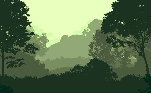 Illustrazione Alberi Nella Nebbia Foresta Profonda Foschia Colline Coperte Piante — Foto Stock