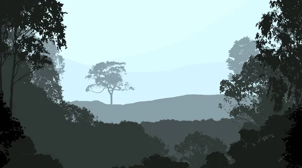 Illustration Trees Fog Deep Forest Haze Hills Covered Plants Foliage — Stock Photo, Image