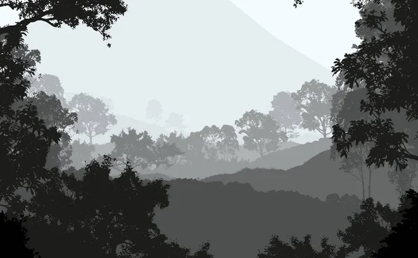 2d illustration. Trees in fog. Deep forest haze. Hills covered by plants and foliage. Shrubs and bushes. Deciduous wood.