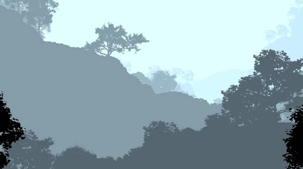 Illustrazione Alberi Nella Nebbia Foresta Profonda Foschia Colline Coperte Piante — Foto Stock