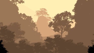 2d illüstrasyon. Sisteki ağaçlar. Derin orman sisi. Bitkiler ve yapraklarla kaplı tepeler. Çalılar ve çalılar. Yaprak döken ahşap. 