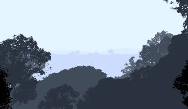 2d illüstrasyon. Sisteki ağaçlar. Derin orman sisi. Bitkiler ve yapraklarla kaplı tepeler. Çalılar ve çalılar. Yaprak döken ahşap. 
