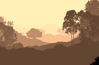 2d illüstrasyon. Sisteki ağaçlar. Derin orman sisi. Bitkiler ve yapraklarla kaplı tepeler. Çalılar ve çalılar. Yaprak döken ahşap. 