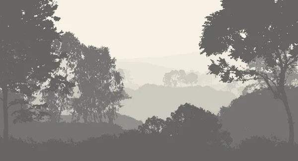 Illustrazione Alberi Nella Nebbia Foresta Profonda Foschia Colline Coperte Piante — Foto Stock