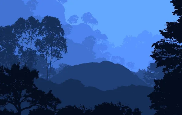 Ilustración Árboles Niebla Niebla Profunda Del Bosque Colinas Cubiertas Por — Foto de Stock