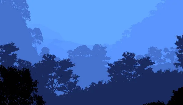 Illustrazione Alberi Nella Nebbia Foresta Profonda Foschia Colline Coperte Piante — Foto Stock