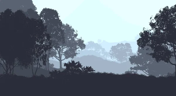 2Dイラスト 霧の中の木々 深い森のかすみ 植物や葉で覆われた丘 低木と茂み落葉樹 — ストック写真