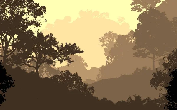 Illustration Trees Fog Deep Forest Haze Hills Covered Plants Foliage — Stock Photo, Image