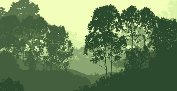 2d illustration. Trees in fog. Deep forest haze. Hills covered by plants and foliage. Shrubs and bushes. Deciduous wood.