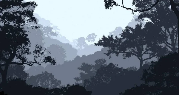 Illustration Des Arbres Dans Brouillard Brume Forêt Profonde Collines Couvertes — Photo