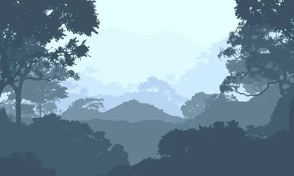 Illustrazione Alberi Nella Nebbia Foresta Profonda Foschia Colline Coperte Piante — Foto Stock