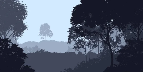 Illustrazione Alberi Nella Nebbia Foresta Profonda Foschia Colline Coperte Piante — Foto Stock