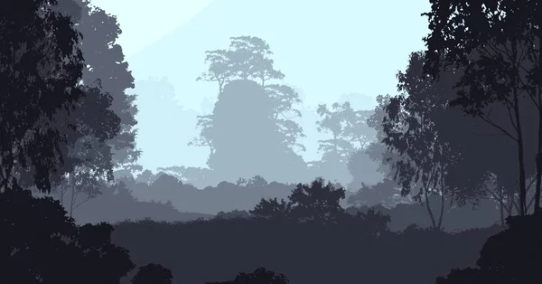 Ilustração Árvores Nevoeiro Névoa Profunda Floresta Colinas Cobertas Por Plantas — Fotografia de Stock