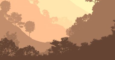 Sis ve orman pus ağaçları ile Doğa arka plan.