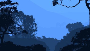 Sis ve orman pus ağaçları ile Doğa arka plan.