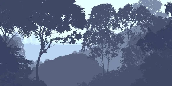 Illustrazione Alberi Nella Nebbia Foresta Profonda Foschia Colline Coperte Piante — Foto Stock