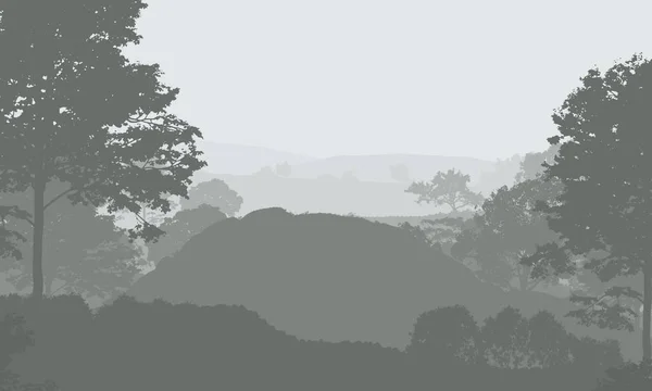 2d illustration. Trees in fog. Deep forest haze. Hills covered by plants and foliage. Shrubs and bushes. Deciduous wood.