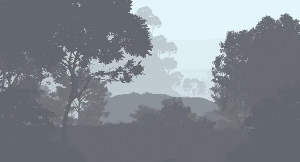 Illustrazione Alberi Nella Nebbia Foresta Profonda Foschia Colline Coperte Piante — Foto Stock