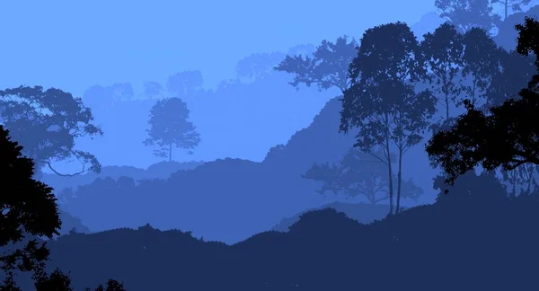 Illustrazione Alberi Nella Nebbia Foresta Profonda Foschia Colline Coperte Piante — Foto Stock