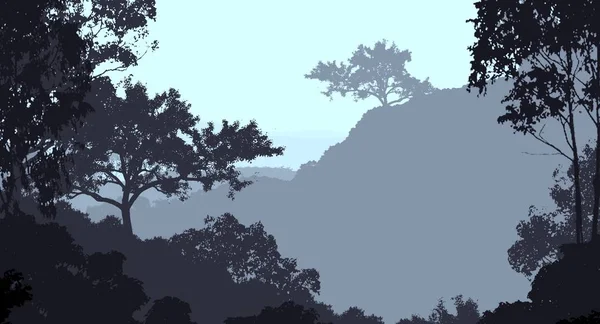 Иллюстрация Деревья Тумане Глубокая Лесная Дымка Холмы Покрытые Растениями Листьями — стоковое фото