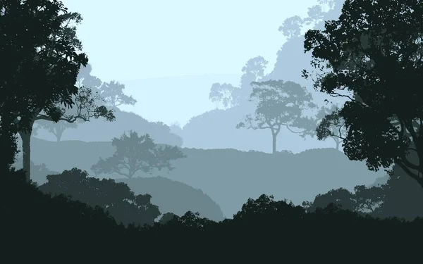 2d illustration. Trees in fog. Deep forest haze. Hills covered by plants and foliage. Shrubs and bushes. Deciduous wood.