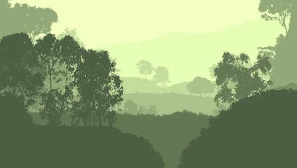 2d illustration. Trees in fog. Deep forest haze. Hills covered by plants and foliage. Shrubs and bushes. Deciduous wood.