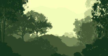 Sis ve orman pus ağaçları ile soyut arka plan.