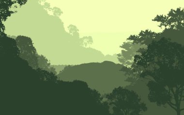 Sis ve orman pus ağaçları ile soyut arka plan.