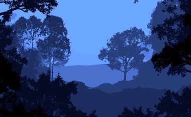 Sis ve orman pus ağaçları ile soyut arka plan.