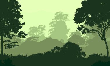 Sis ve orman pus ağaçları ile soyut arka plan.