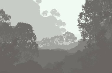 Sis ve orman pus ağaçları ile soyut arka plan.