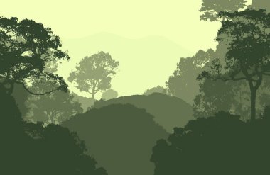 Sis ve orman pus tepeleri ile soyut arka plan.