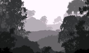 Sis ve orman pus tepeleri ile soyut arka plan.