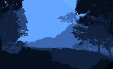 Sis ve orman pus tepeleri ile soyut arka plan.