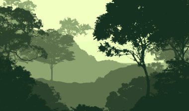 Sis ve orman pus tepeleri ile soyut arka plan.